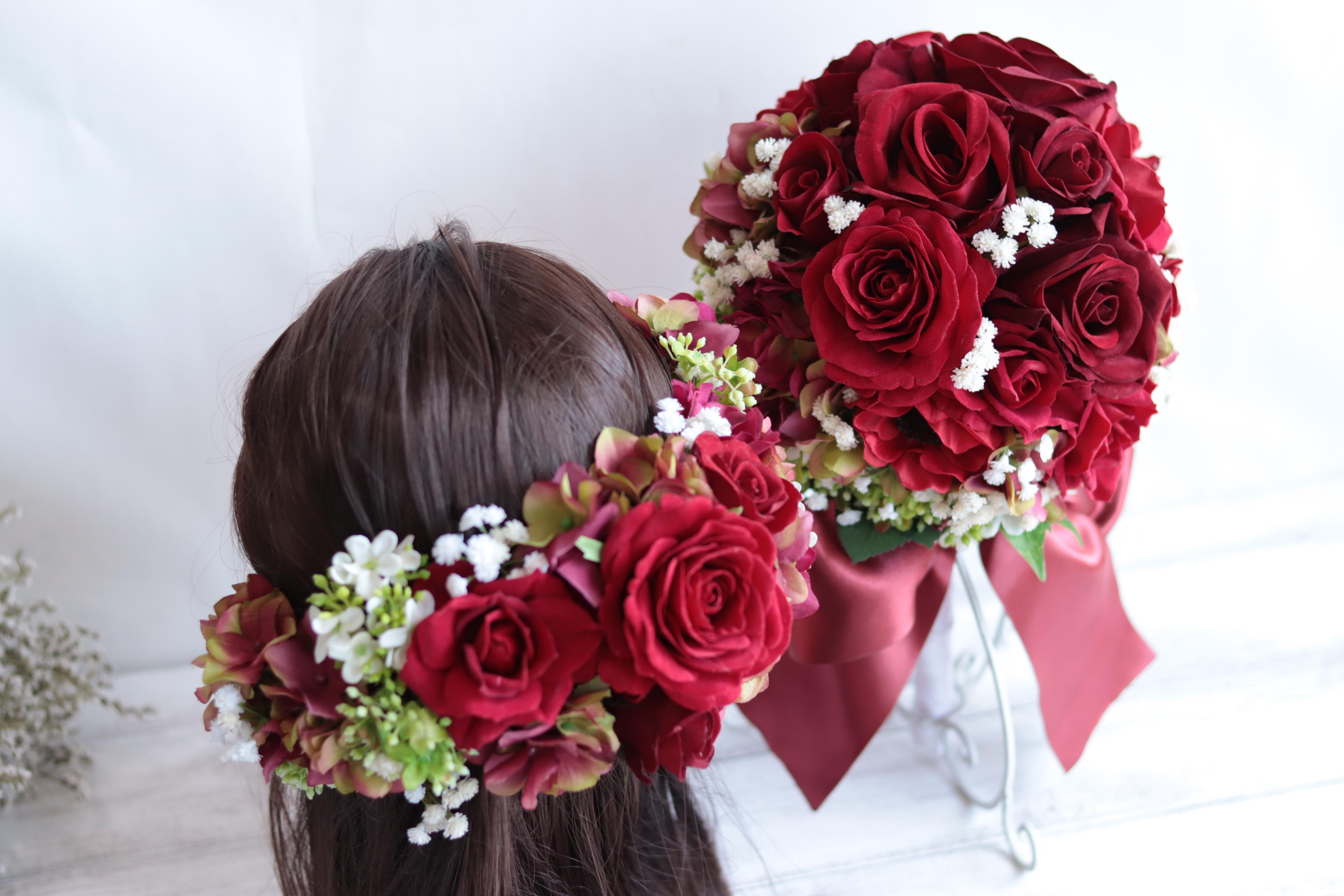 アンティークレッドのブーケ&ヘッドドレス＊アーティフィシャルフラワー＊カラーオーダーＯＫ