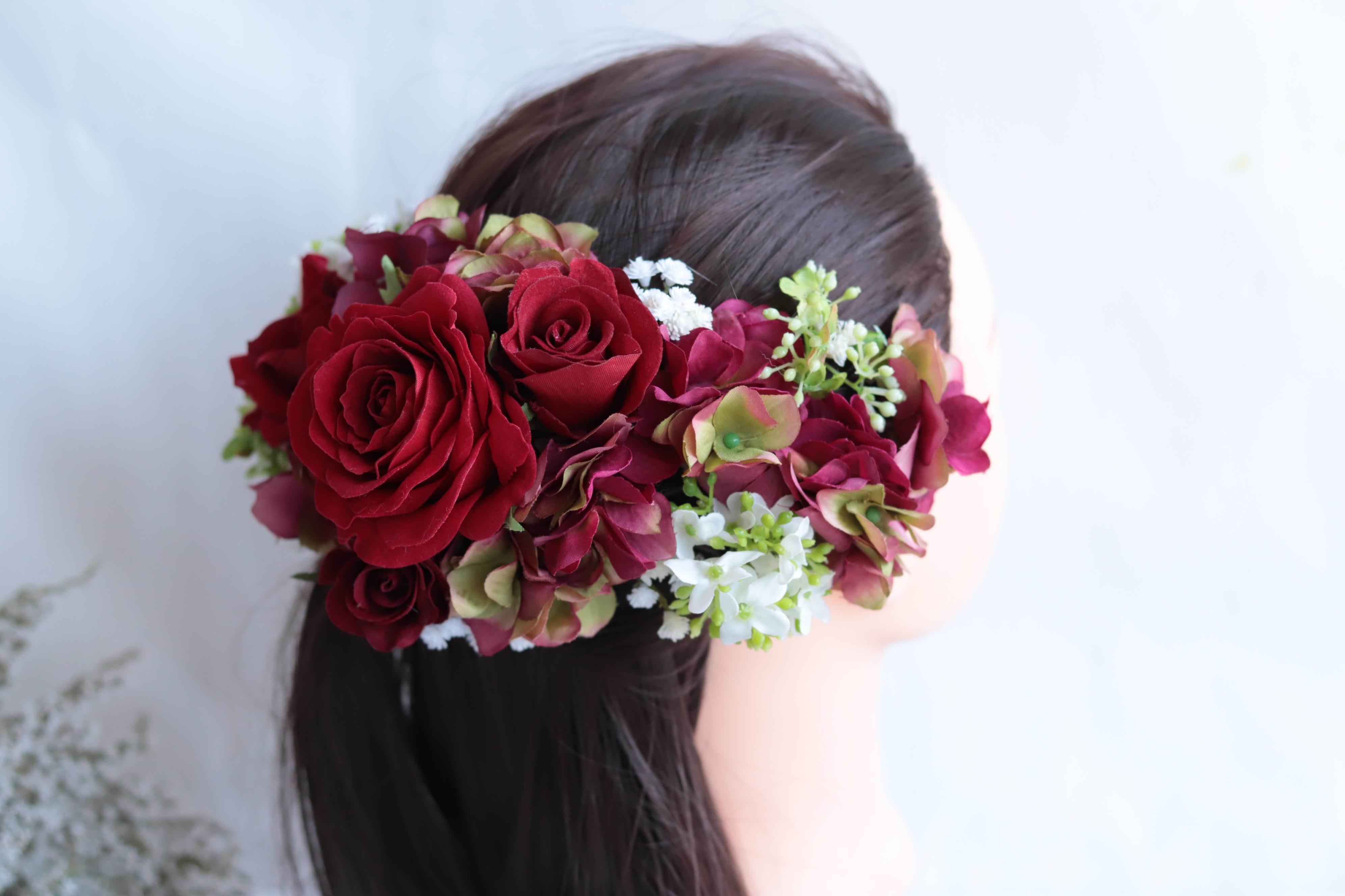 アンティークレッドのブーケ&ヘッドドレス＊アーティフィシャルフラワー＊カラーオーダーＯＫ