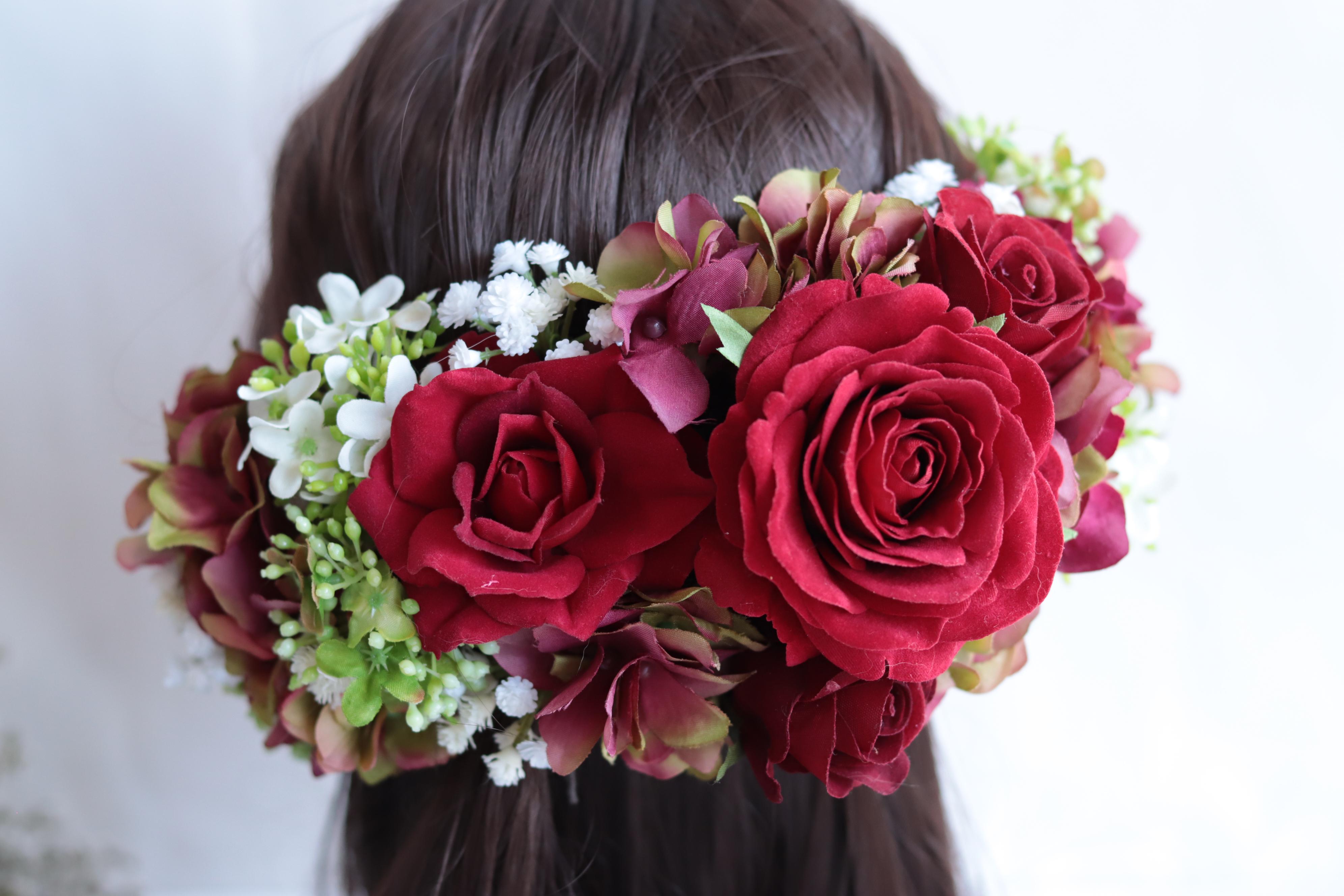 アンティークレッドのブーケ&ヘッドドレス＊アーティフィシャルフラワー＊カラーオーダーＯＫ