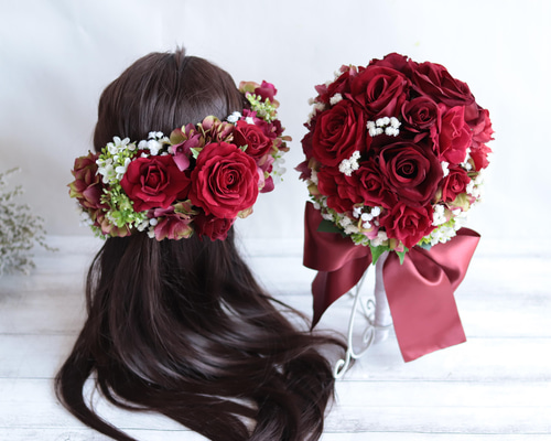 アーティフィシャルフラワー　ブーケ　ヘッドドレス アンティークレッドのブーケ&ヘッドドレス＊アーティフィシャル