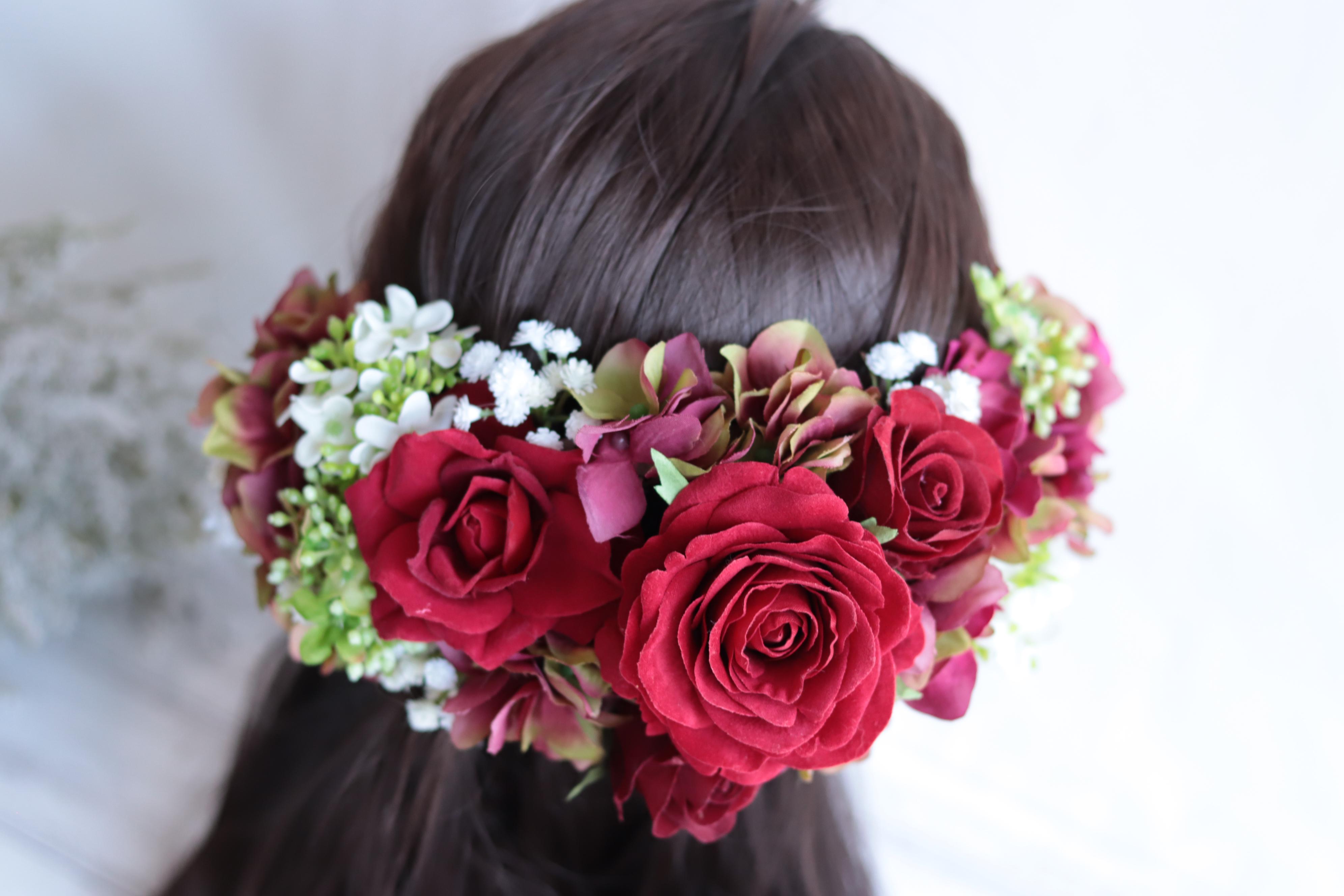 アンティークレッドのブーケ&ヘッドドレス＊アーティフィシャルフラワー＊カラーオーダーＯＫ