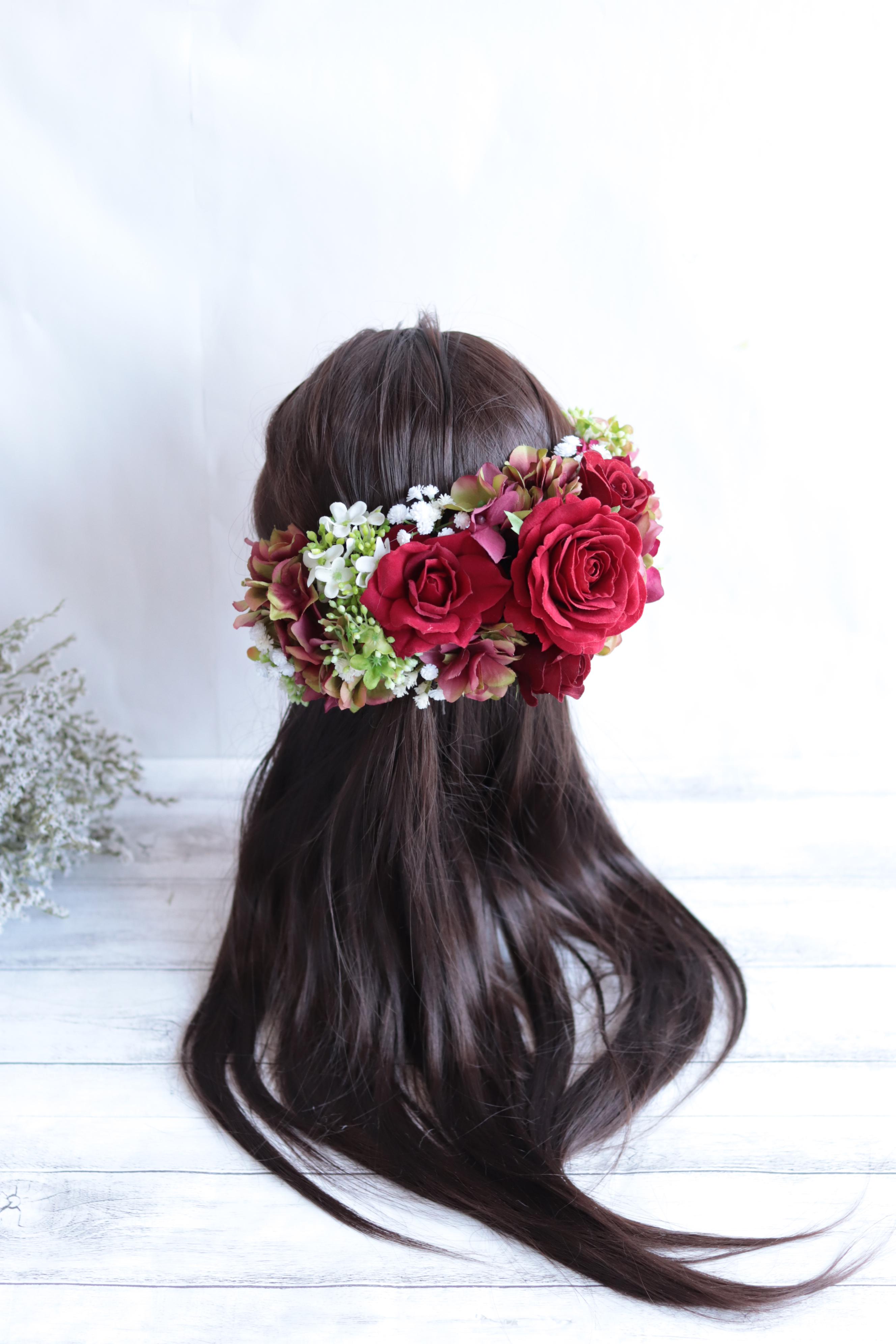 アンティークレッドのブーケ&ヘッドドレス＊アーティフィシャルフラワー＊カラーオーダーＯＫ