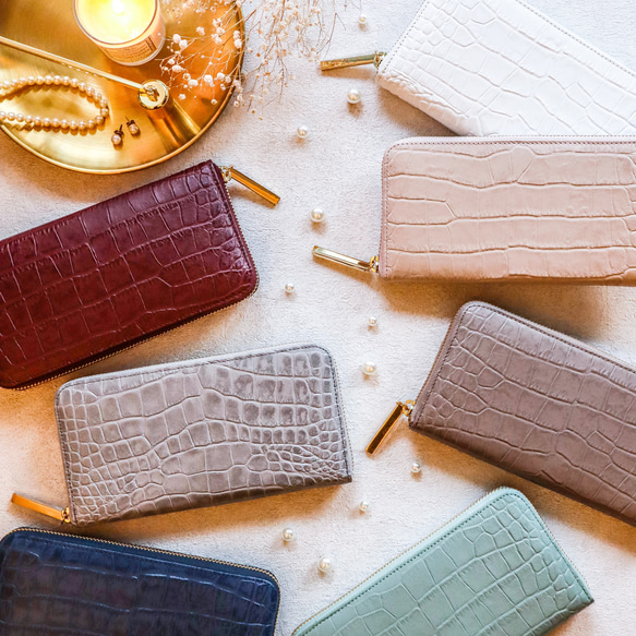 《一番人気！選べる7色》ラウンドファスナー・長財布☆彡大容量・カード12枚収納・クロコダイル型押しレザー・くすみカラー 8枚目の画像