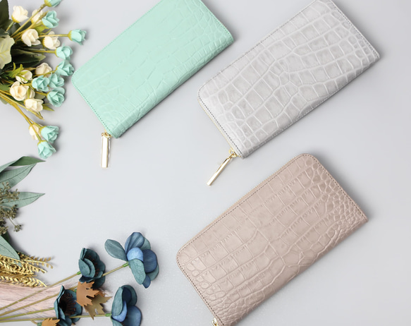 《一番人気！選べる7色》ラウンドファスナー・長財布☆彡大容量・カード12枚収納・クロコダイル型押しレザー・くすみカラー 13枚目の画像