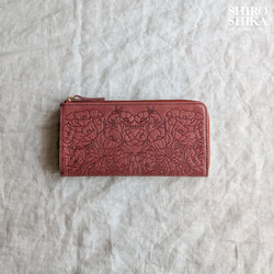 美品 ハンドメイド 花柄彫刻 レザー長財布