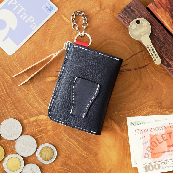 鍵も仕舞える小さい財布（ネイビートリコロール）コンパクトキーケースパスケース定期入れメンズレディースレザー革プレゼント 2枚目の画像