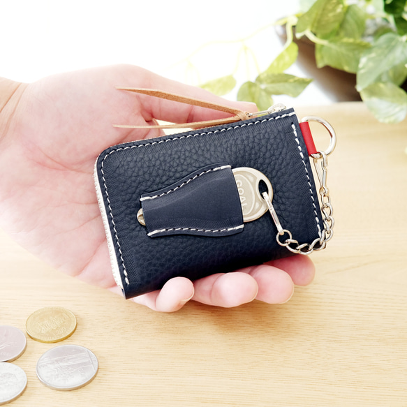 鍵も仕舞える小さい財布（ネイビートリコロール）コンパクトキーケースパスケース定期入れメンズレディースレザー革プレゼント 4枚目の画像