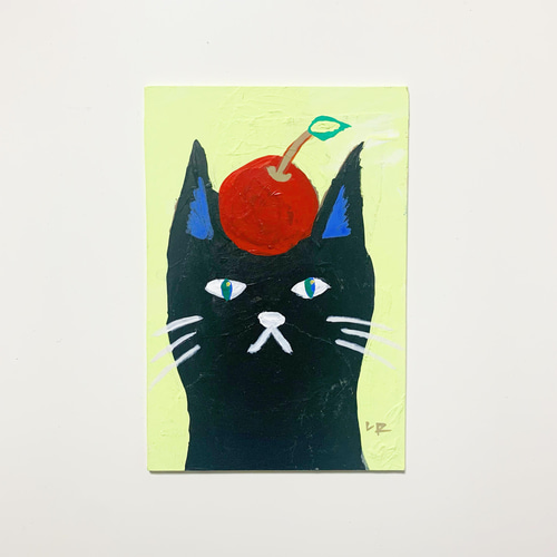 絵画。原画【かわいい黒猫と3つの赤いリンゴ】