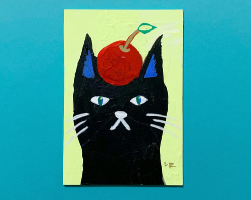 絵画。原画手描き【かわいい猫ちゃんが赤いリンゴを持ち上げている】