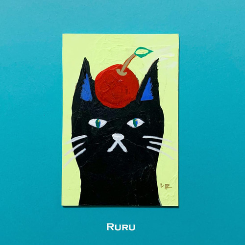 林檎と黒猫のルル 絵画 Lucca Rocca 通販 6216319｜Creema(クリーマ)