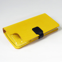 クラシカルなベルト留め牛革レザーケース iPhone,Android 多機種制作 スマホケース 手帳型 イエロー 黄色 4枚目の画像