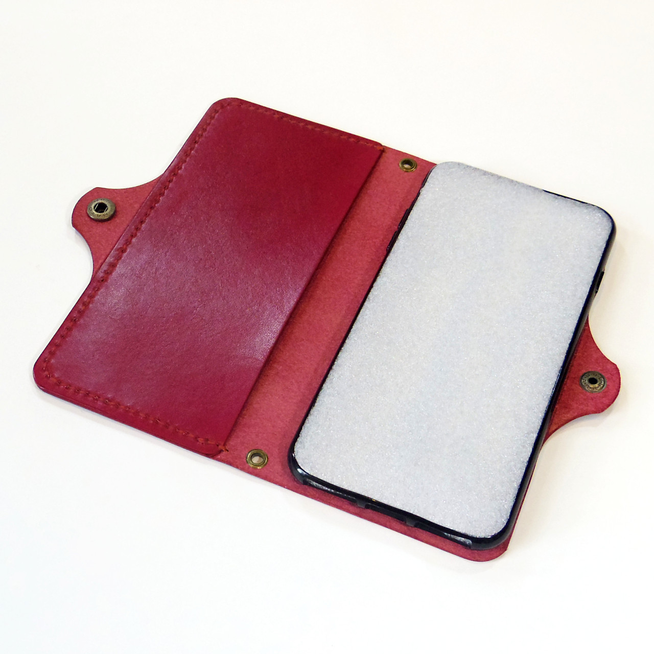 側面留め牛革レザーケース iPhone,Android 多機種制作 スマホケース 手帳型 ワインレッド 臙脂色