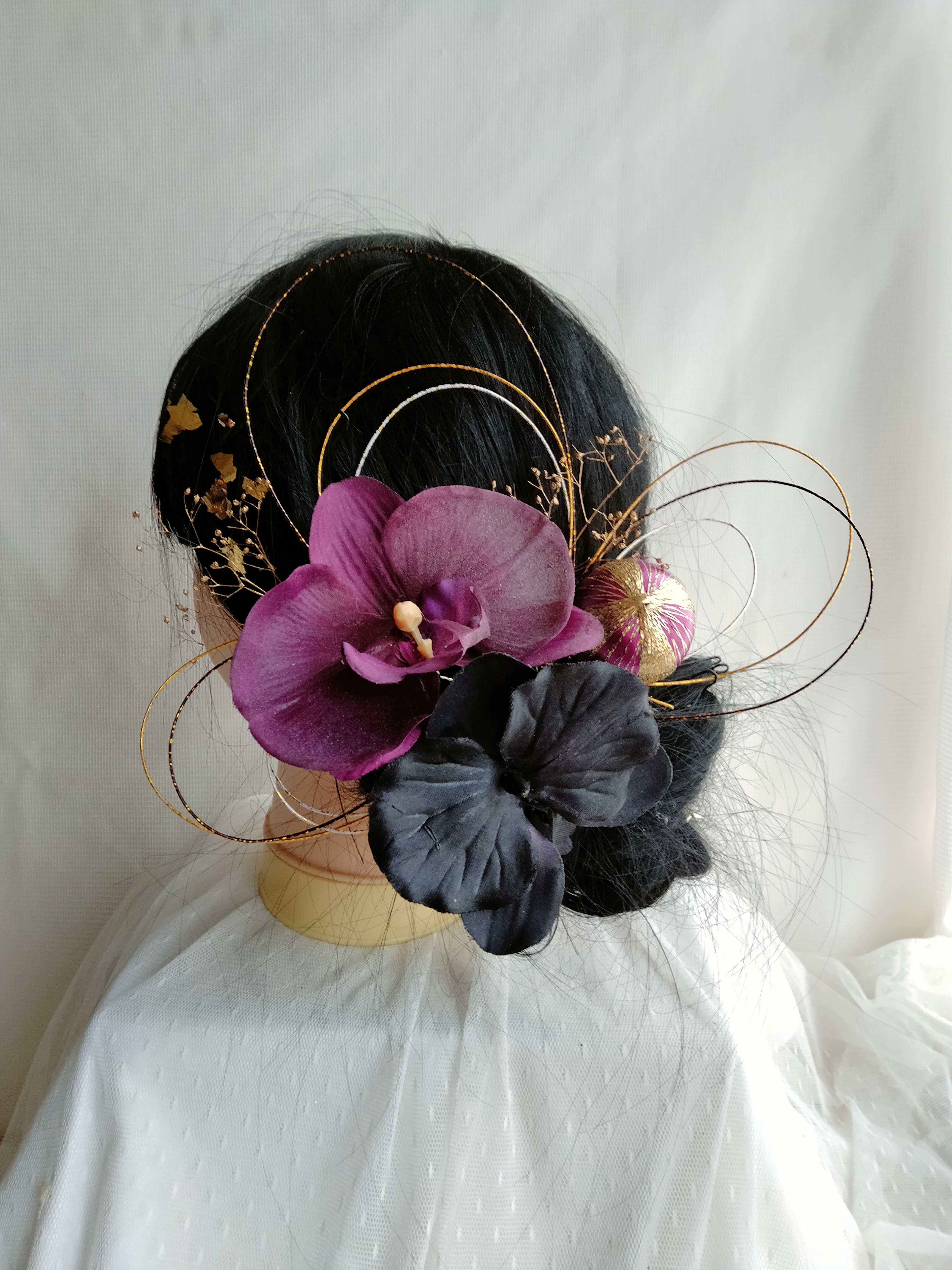 紫の胡蝶蘭×水引き×和玉かんざし　ムラサキの髪飾り　卒業式髪飾り　成人式髪飾り　結婚式髪飾り　紫の振袖　水引き