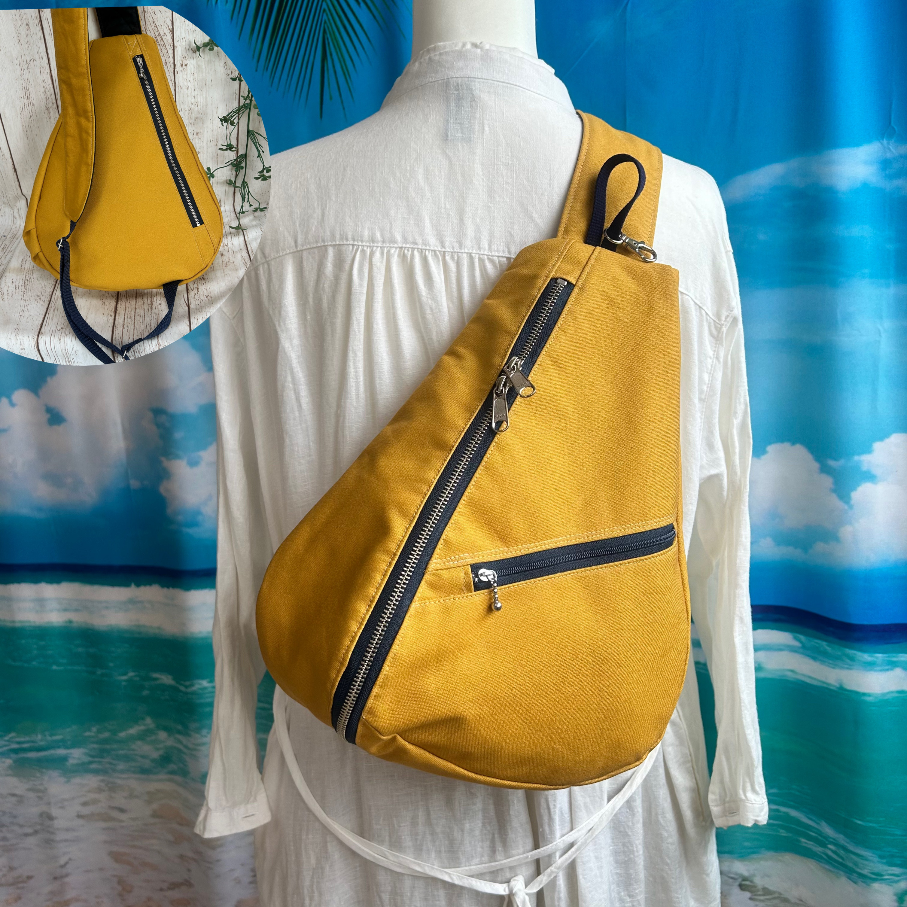 両開きファスナー開閉　背面ポケット付き　しずく型 ワンショルダーバッグ ボディーバック　長さ調節可能 帆布マスタード