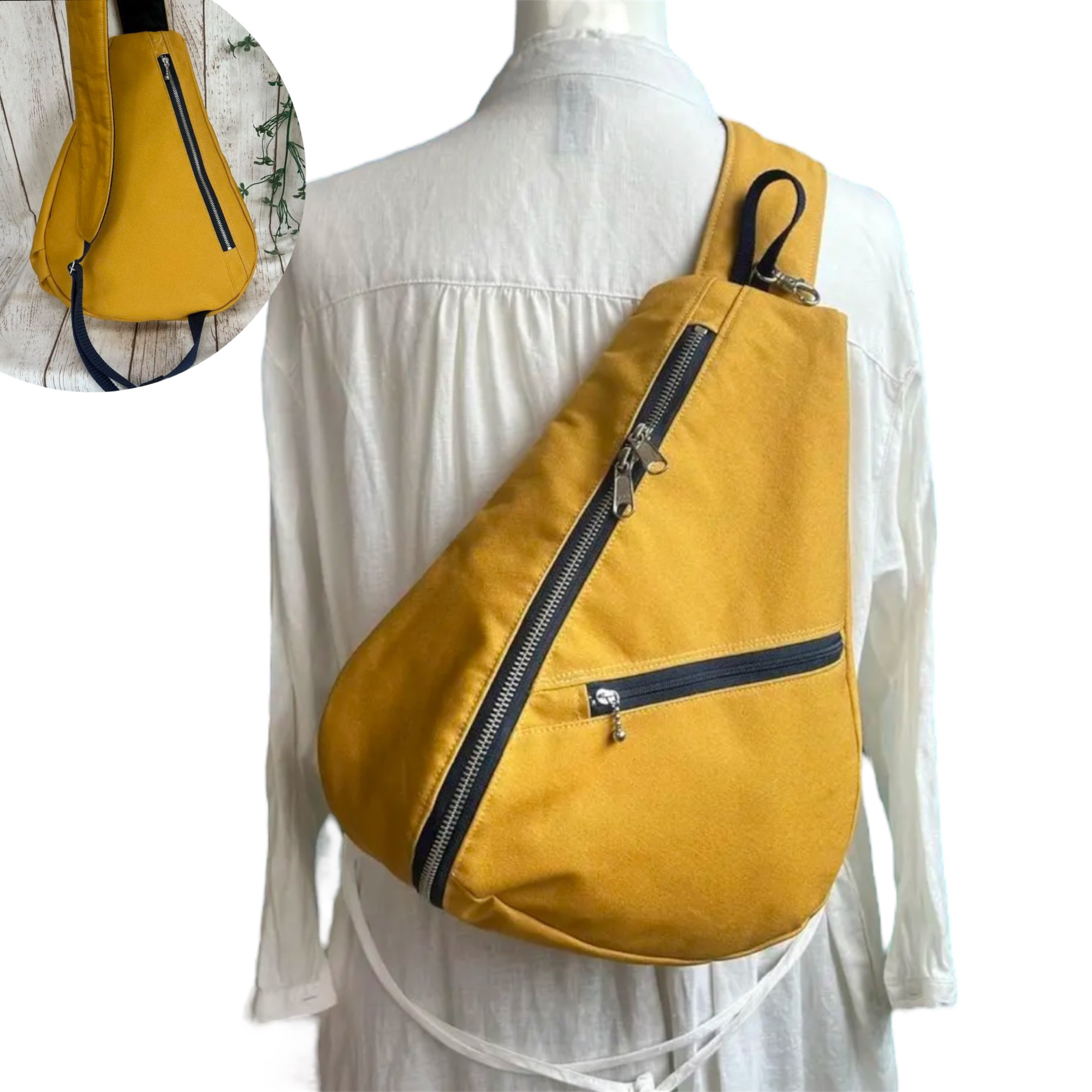 両開きファスナー開閉　背面ポケット付き　しずく型 ワンショルダーバッグ ボディーバック　長さ調節可能 帆布マスタード