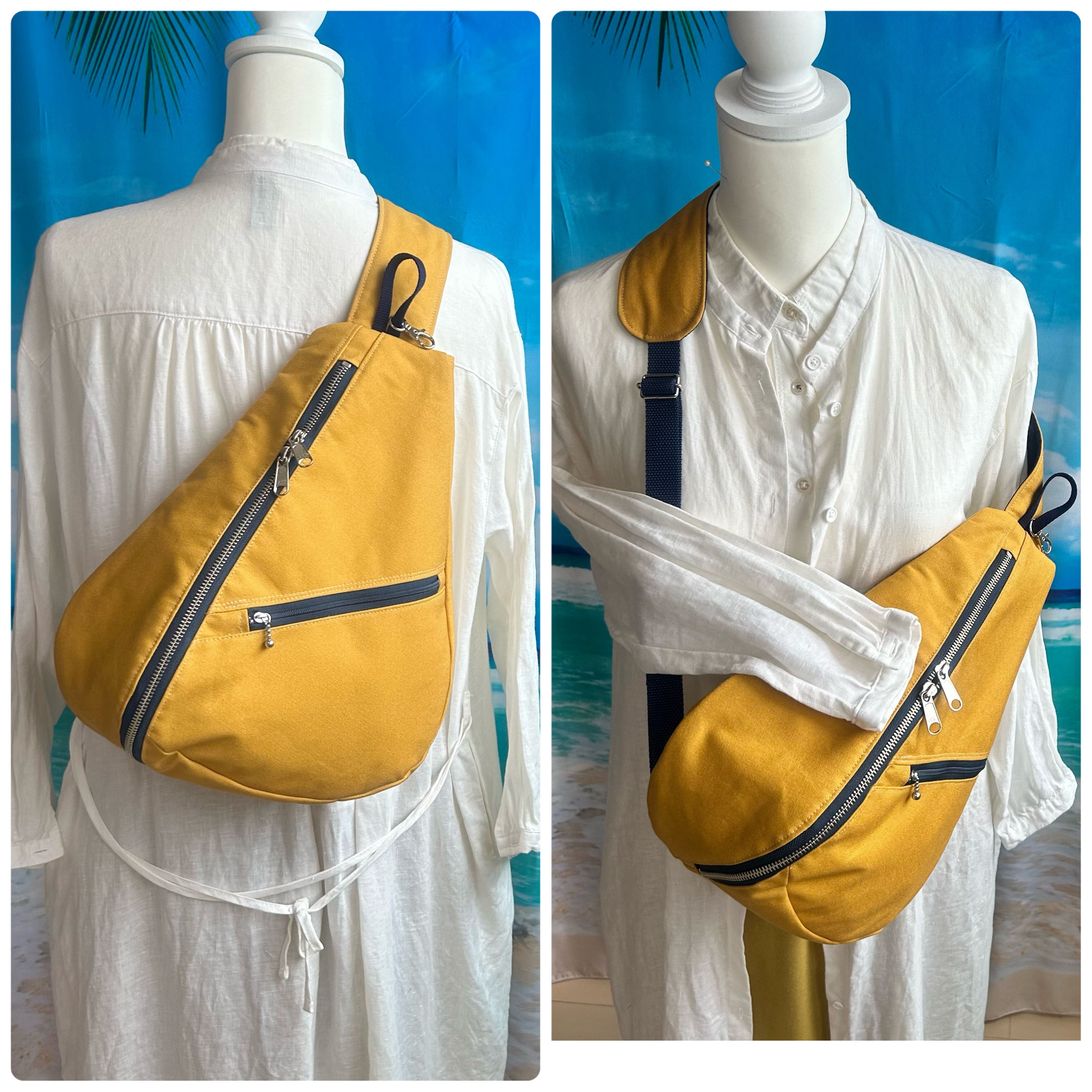 両開きファスナー開閉　背面ポケット付き　しずく型 ワンショルダーバッグ ボディーバック　長さ調節可能 帆布マスタード