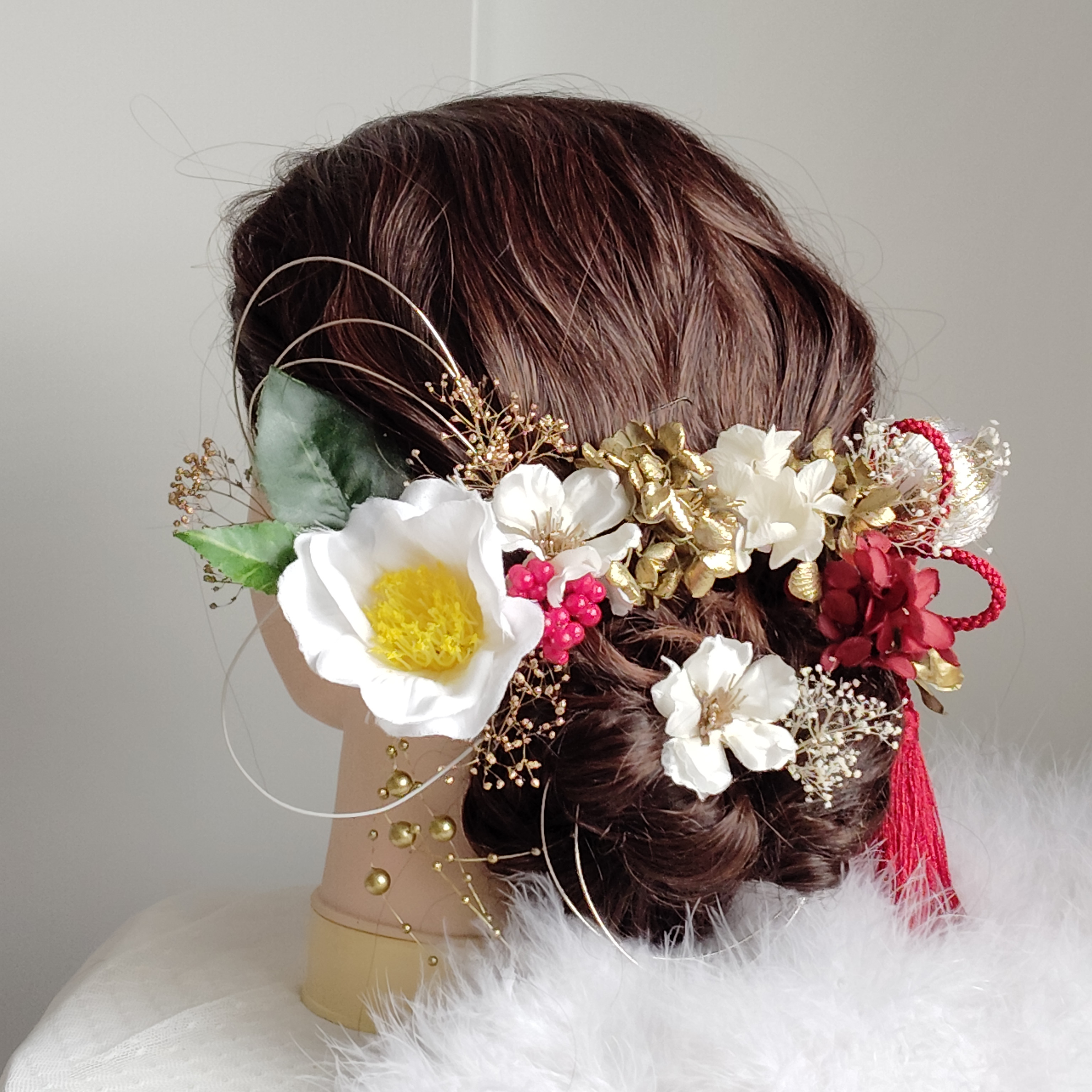 花華＿　枝垂れパールの和装髪飾り　紅椿　つばき　ツバキ　結婚式髪飾り　卒業式髪飾り　成人式　卒業式　結婚式　成人式前撮り