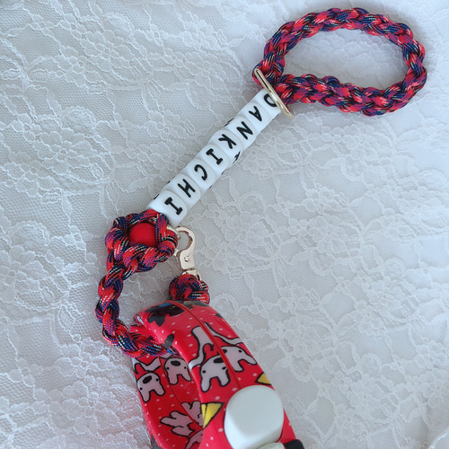 名入れ伸縮リードストラップ♡ハート編み＆お花ゴールド金具