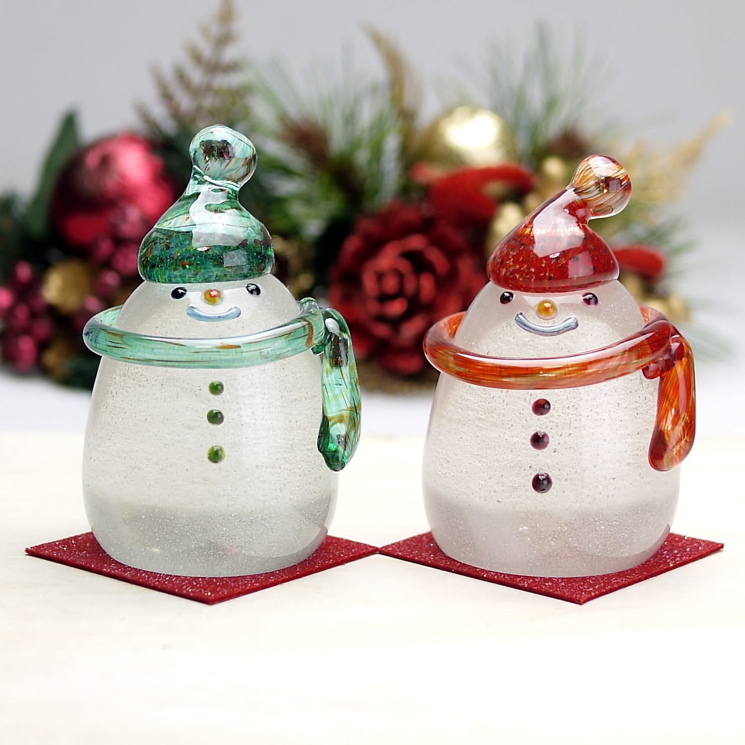 小スノーマンマフラー　ペア　（緑・赤）