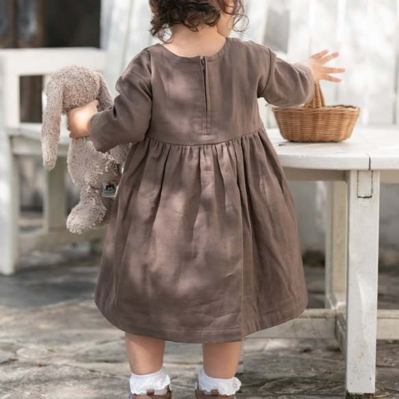 《全サイズ即納可》ココアのナチュラルワンピース《80〜130cm》女の子 おしゃれ ダブルガーゼ 長袖 秋冬 茶色 秋色 11枚目の画像