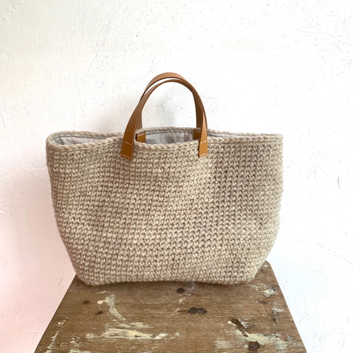 ハンドメイド｜毛糸バッグ｜ホワイト×マスタードイエロー｜ウール100% wool100/毛糸のトートバッグ/M トートバッグ clover 通販 6241722