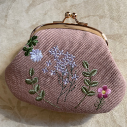 （両面刺繍）がまぐち　ボタニカル刺繍B　ウオッシュ帆布8号　ピンクベージュ 2枚目の画像