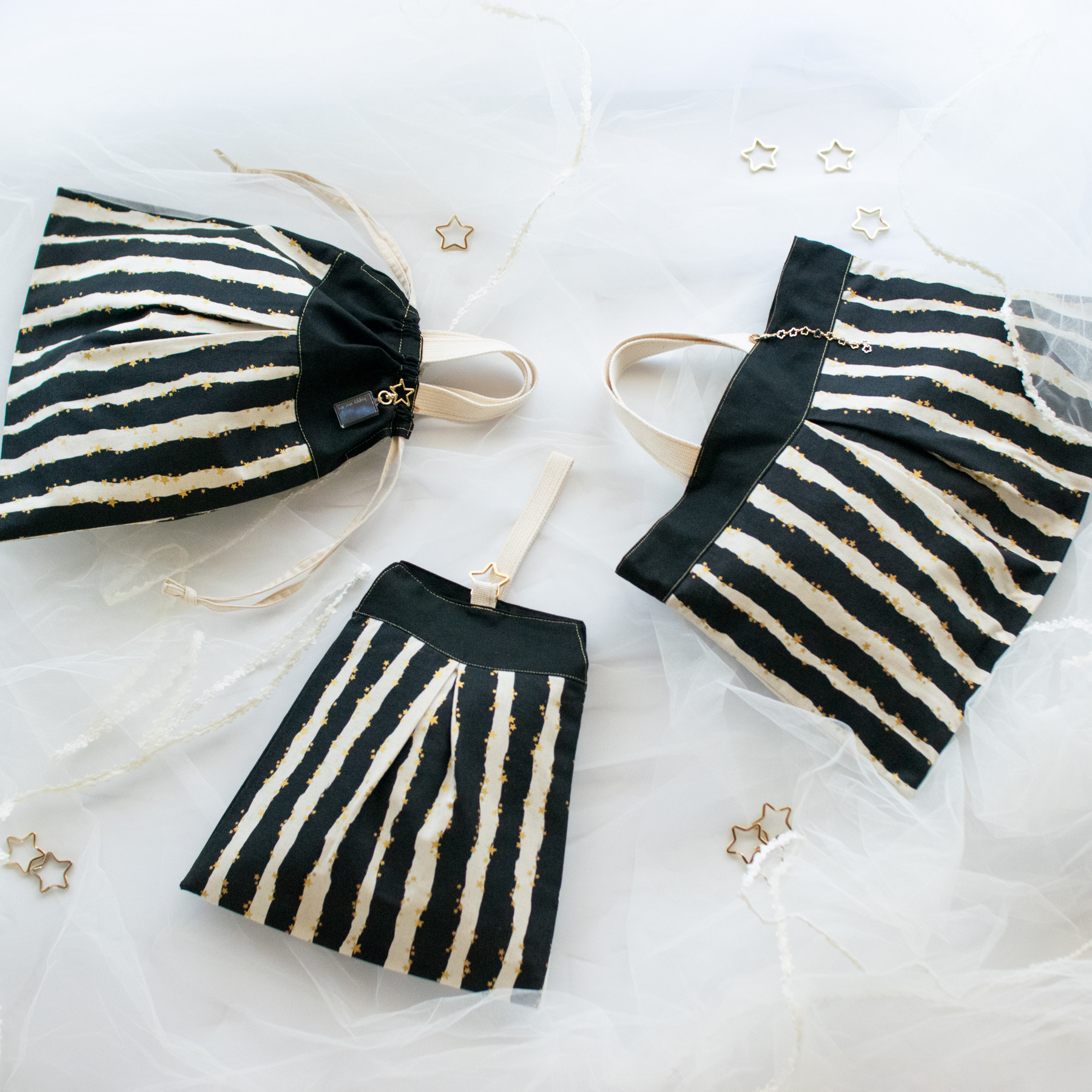 キラキラstar☆の入園入学 基本の3点セット：black　｜レッスンバッグ・上履き入れ・体操着袋