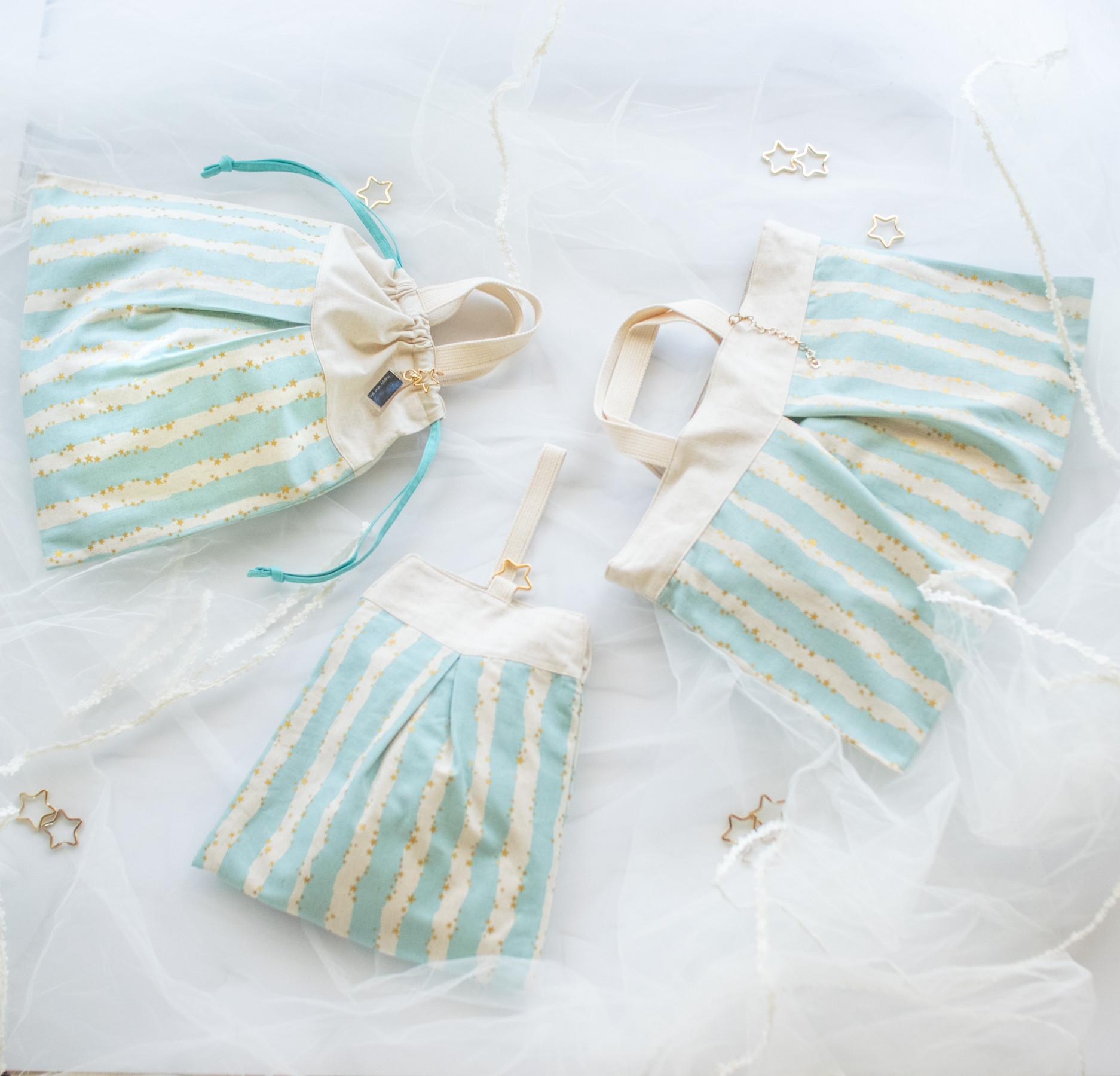 キラキラstar☆の入園入学 基本の3点セット：light blue　｜レッスンバッグ・上履き入れ・体操着袋