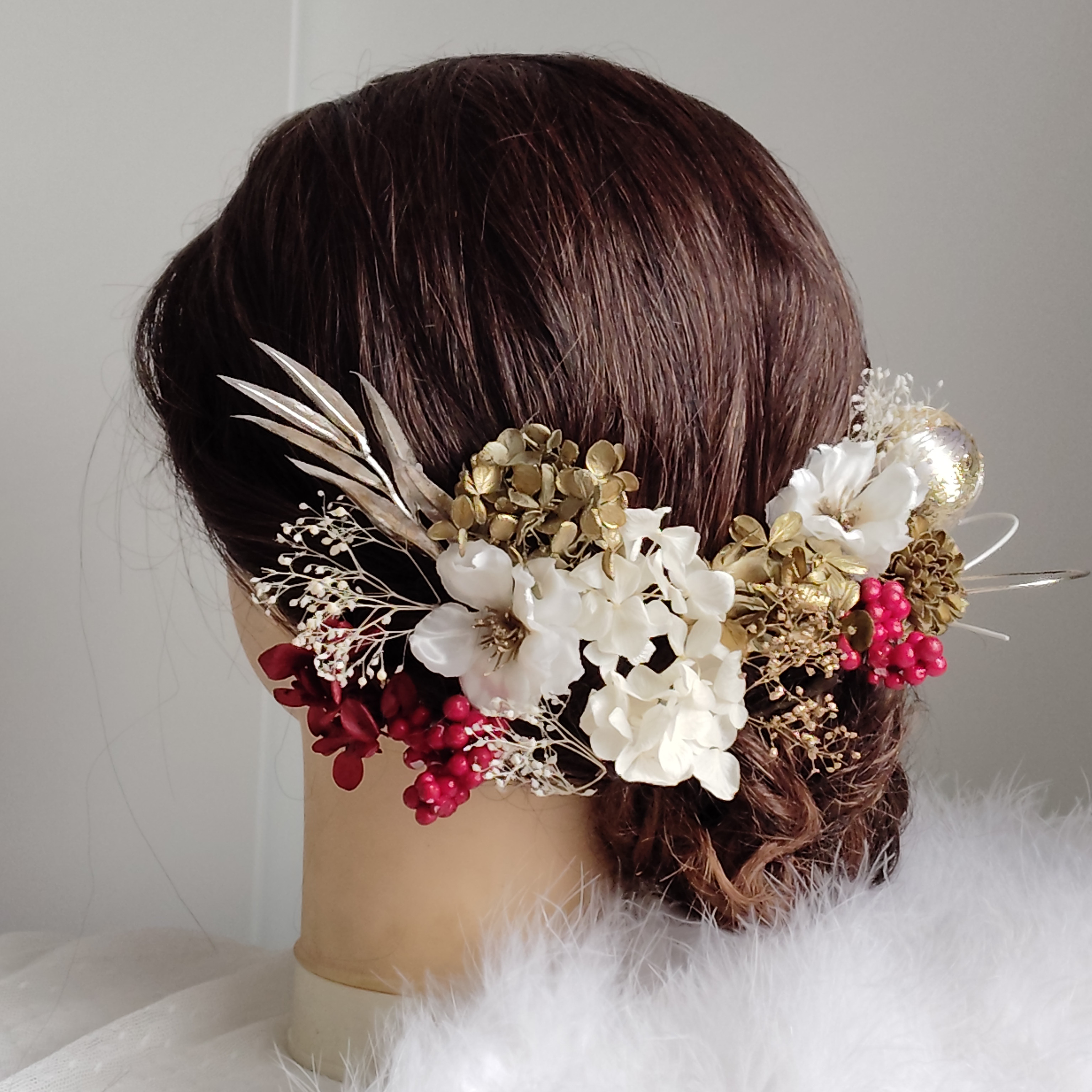 咲結＿＿林檎の花の髪飾り　卒業式　成人式 　結婚式　髪飾り 　色打掛　振袖　着物　袴　和装　フォトウェディング　赤白金