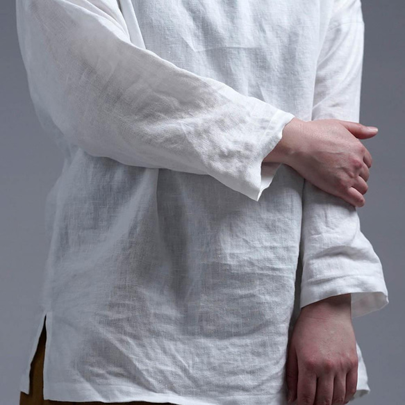 [亞麻上衣] 想要度過輕鬆時光的圓領上衣 / 白色 t002b-wht2 第7張的照片