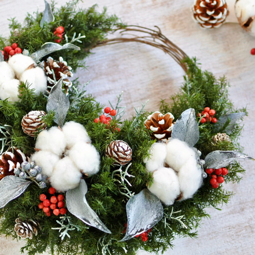 冬の三日月リース25㎝ プリザーブドフラワー クリスマス コットン