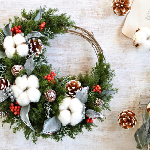 冬の三日月リース25㎝ プリザーブドフラワー クリスマス コットン