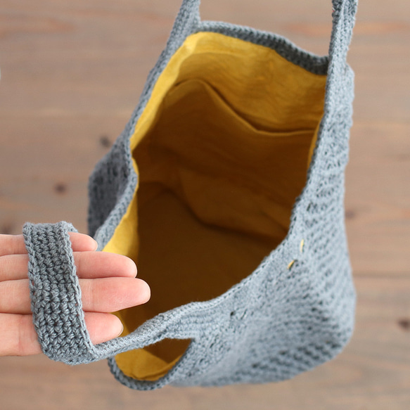 棉質針織鉤編單肩包，內部安全布料（灰灰色/黃色） 第6張的照片