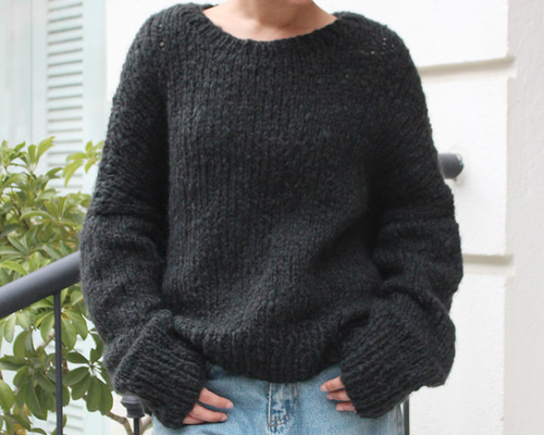 ◉軽ふわ手編みニット◉モヘアショートセーター ブラック ニット