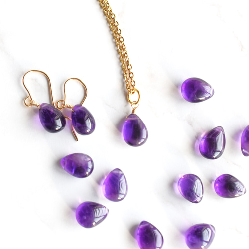 ete ペアシェイプ パープル石 ピアス 選べる・イヤリング変更可】AAA 濃いアメジスト ペアシェイプ