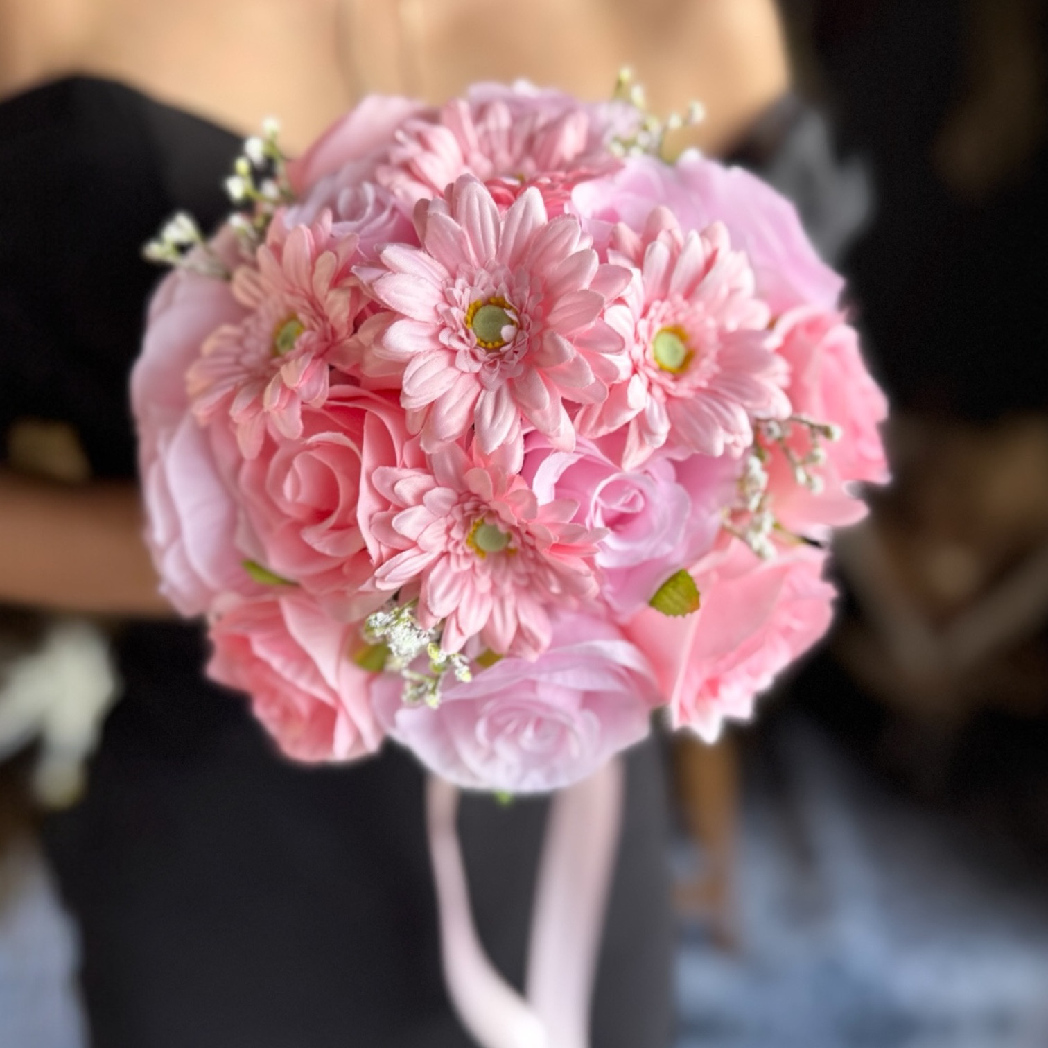 【人気再販】ピンクバラ×ガーベラのラウンドブーケ☆