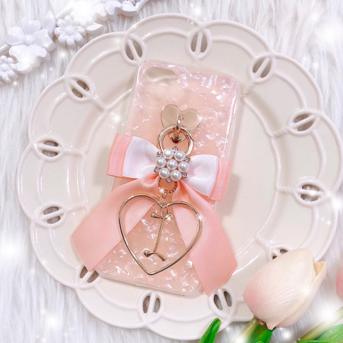 名入れ♡ぷっくりハート✨キラキラ金箔入り✨リボンチャーム付き⭐︎iPhoneケース 名入れ二箇所♡ぷっくりハート✨キラキラ金箔入り✨リボン