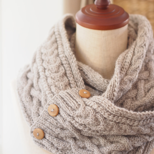 編み図】ケーブル模様のスヌード 編み図・パターン Natural knit ecru
