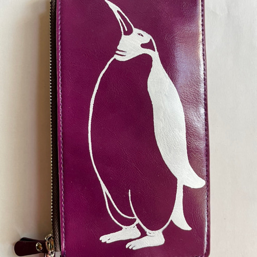 ペンギン 長財布 マルチ財布、バック, ハンドメイド 紫、または黒 長