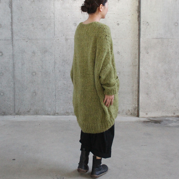 淺綠橄欖色手工編織馬海毛長開襟衫 第5張的照片