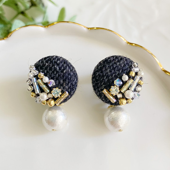 冬新作 刺繍ピアス「lady bijou tweed」冬支度ツイード&ビジュー 