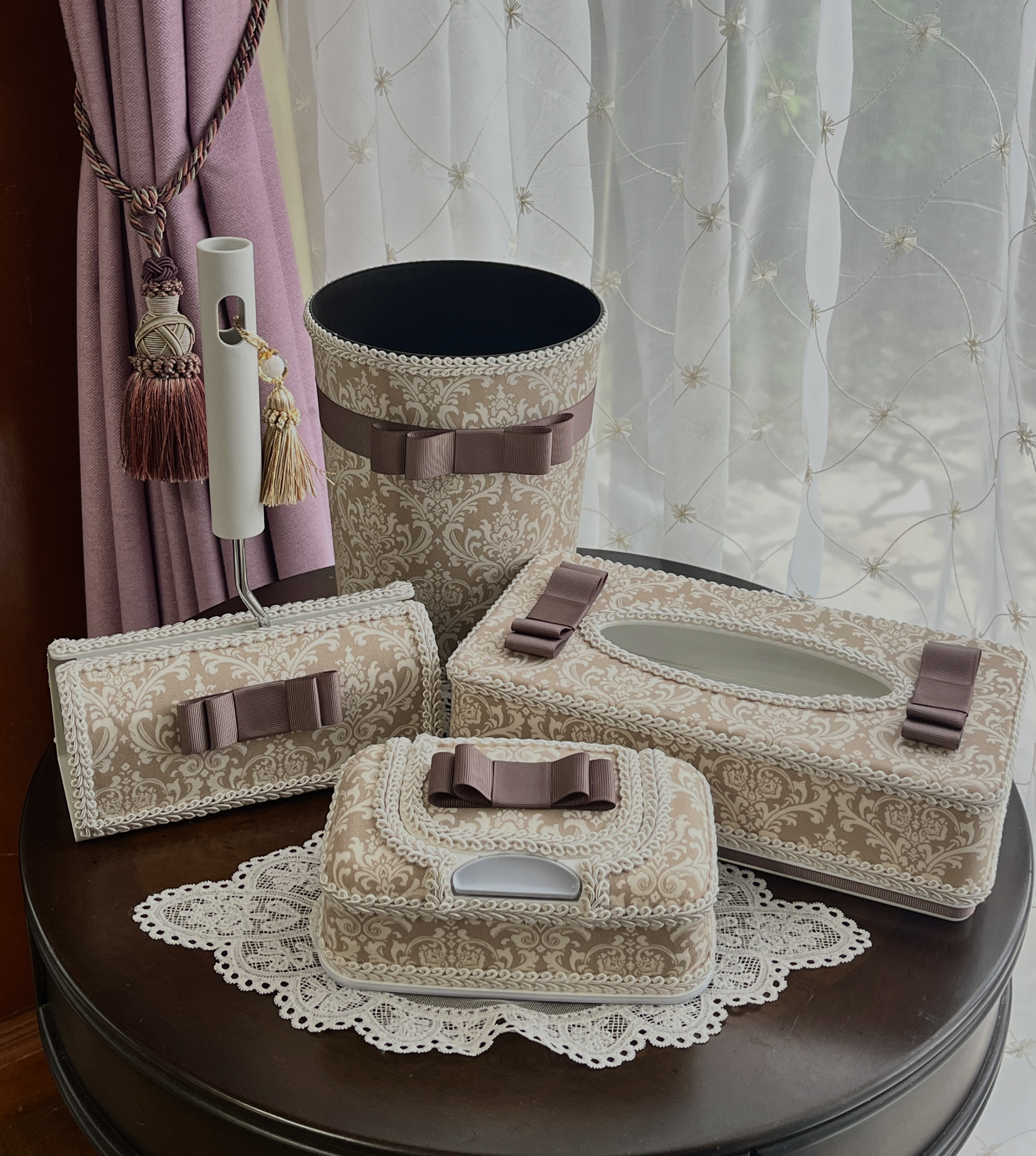 ベージュダマスク柄 インテリアセット ティッシュケース他　ラベルピエス  ベージュダマスクシリーズ