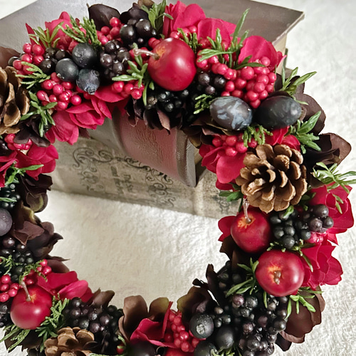 松かさ 赤リンゴ＆青りんご ブラウンリース 松かさ 赤リンゴ＆青りんご