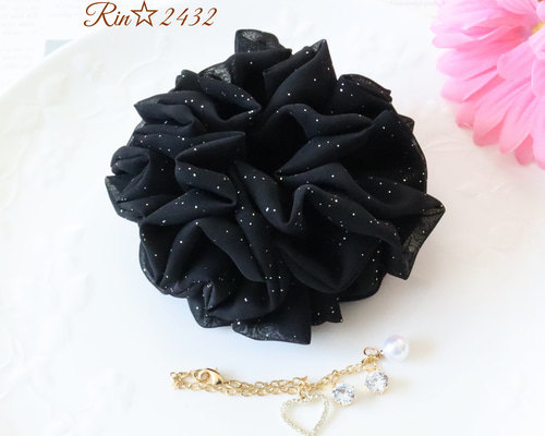 FOXEY フォクシー　ベロア キラキラジルコニアボール付シュシュ　ブラック 9a1d166fdc7612daaf4dc28b6322a9