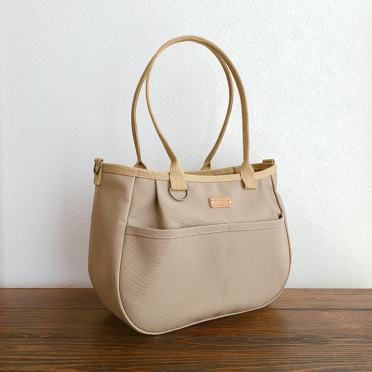 ♥️中♥️ころりんバッグ　ショルダー　4ポケット　倉敷帆布　2way 濃ベージュ　トートバッグ　斜め掛け　ファスナー