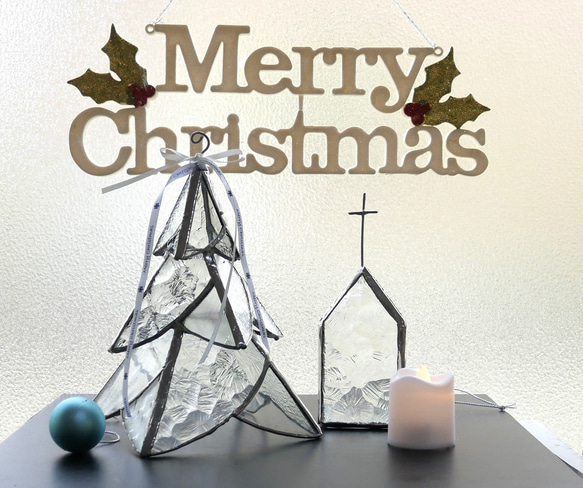 *✴︎:.｡　ステンドグラスの大人クリスマスツリー②　　教会のキャンドルホルダー付き 1枚目の画像