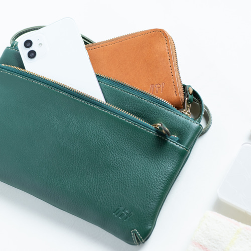 長財布が入る】2WAY 薄型 サコッシュ 姫路レザー グリーン 本革