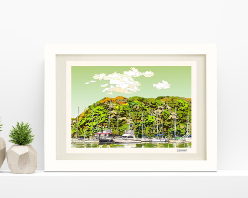A4サイズ「ヨットハーバーと緑の森」 絵画 hiroma2 通販｜Creema(クリーマ)