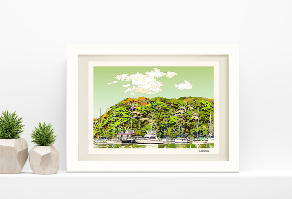 A4サイズ「ヨットハーバーと緑の森」 1枚目の画像
