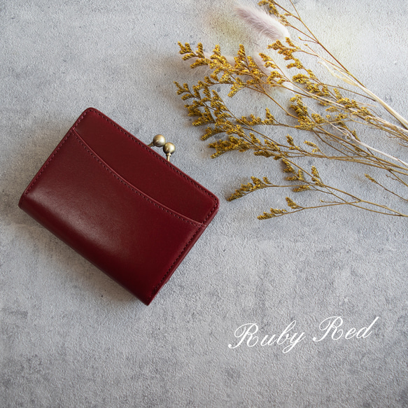 【送料無料】上品な高級イタリアンレザー 二つ折りがまぐち 短財布 レッド 赤 バーガンディー ガマ口 がま口 10枚目の画像